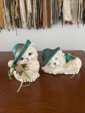 Vintage Ceramic Kitty & Puppy Figurines with Teal Hats